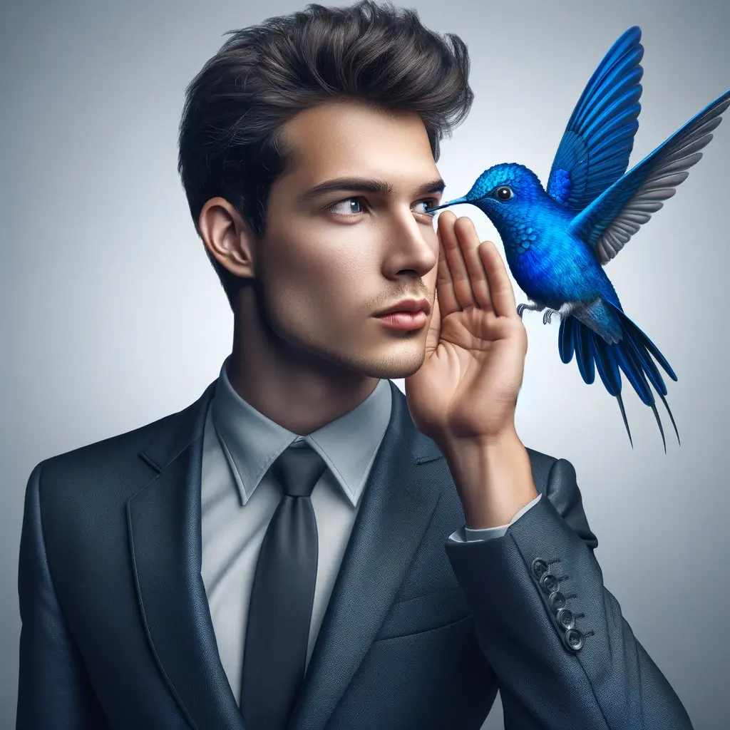 DALL·E 2024-06-11 11.45.24 - A blue hummingbird whispering into the ear of a deeply focused young businessman. The businessman, dressed in a modern, sleek suit, has an expression