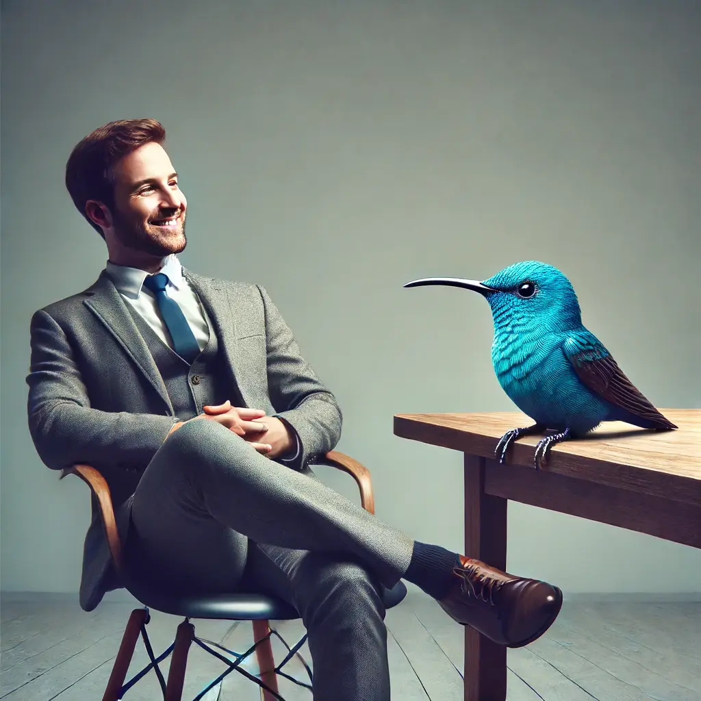 DALL·E 2024-06-13 12.18.47 - An image of a businessman and a small blue hummingbird in a relaxed meeting, set against a plain grey background. The businessman is casually leaning -1